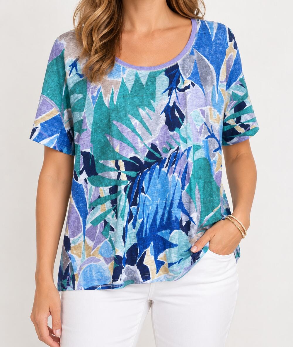 Chico's 100% Linen Top L Blue Green Abstract Floral Relaxed Boho Coastal Indie